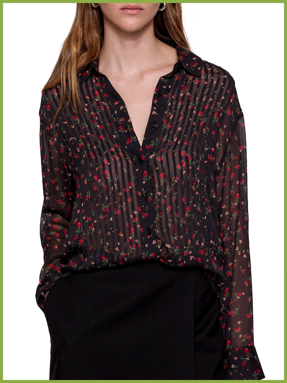 Rebecca Minkoff Liz Sheer Floral Pintuck Button-Up Chiffon Long Sleeve Blouse